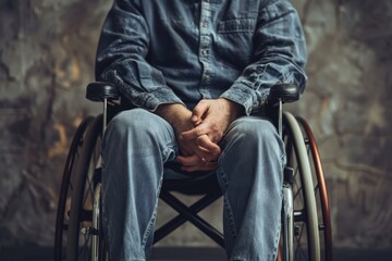 Obraz premium A man in a wheelchair is sitting on the street, generative ai image