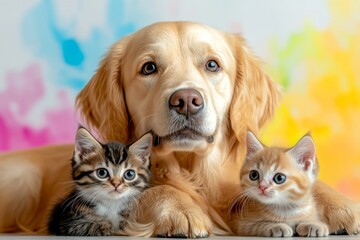 A cheerful golden retriever puppy and two kittens, with big, shining eyes, cuddled together with bright watercolor splashes behind them