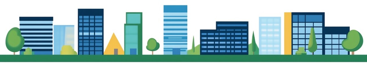 Naklejka premium Cityscape Skyline with Green Trees and Grass