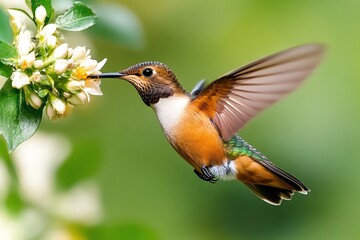 Fototapeta premium A close-up of a hummingbird in mid-flight, hovering near a flower as it drinks nectar, its wings moving in a blur
