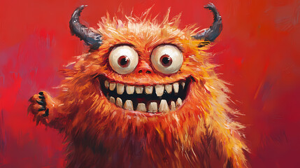 Furry cyclops monster with big smile and wide eyes, showcasing its playful and friendly demeanor against vibrant red background. Cyclops. Illustration