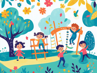Fototapeta premium A stylised illustration of children playing in a park