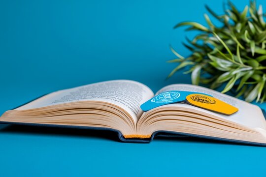 A clean image of a bookmark with a reading campaign logo, lying next to an open book on a minimalist surface