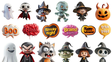 Obraz premium Cartoon Halloween Characters and 3D Illustrations: Set of Ghost, Witch, Werewolf, Zombie, Vampire, and Speech Bubbles, Isolated on Transparent Background, PNG