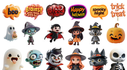 Cartoon Halloween Characters and Speech Bubbles: Set of 3D Illustrations Featuring Ghost, Witch, Werewolf, Zombie, and Vampire, Isolated on Transparent Background, PNG