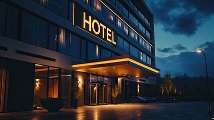 A modern luxury hotel exterior with an illuminated "HOTEL" sign on the facade at night. The buildings sleek architectural design stands out against the dark sky.