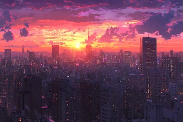 Fototapeta premium Stunning Sunset Cityscape with Vibrant Colors and Cloudy Sky