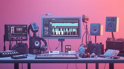 Music production studio setup with computer, mixer, headphones, speakers, and microphones
