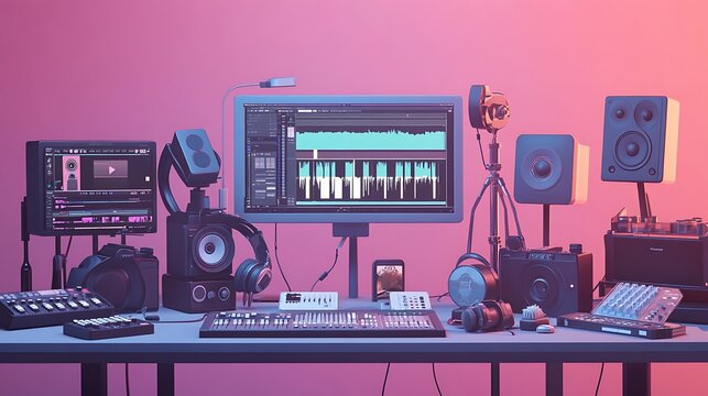 Music production studio setup with computer, mixer, headphones, speakers, and microphones