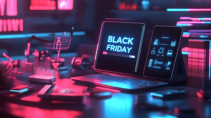 Laptop and Tablet Displaying Black Friday Sale with Neon Lights