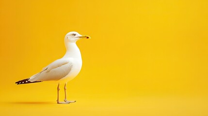 Obraz premium A natural white seagull standing on one leg, isolated against a bright yellow background. The single color emphasizes the bird's elegant posture and pure feathers.