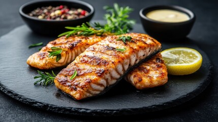 Grilled Fish with Spices and Lemon Slice on Slate Board