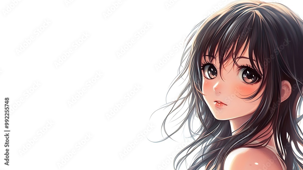 Poster Cute Anime Girl with Long Brown Hair and Green Eyes Looking to the Side