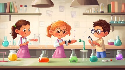 Three Children Performing a Science Experiment in a Laboratory