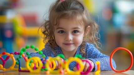 A Young Girl Plays with Colorful Toys on a Table