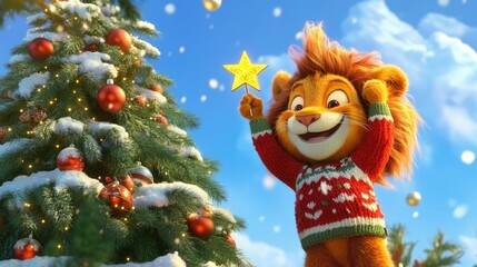 Naklejka premium A playful cartoon lion wearing a Christmas sweater, joyfully placing a star on top of a large Christmas tree.