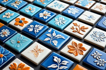A collection of hand-painted ceramic tiles, each with unique designs and colors for a custom backsplash or art project