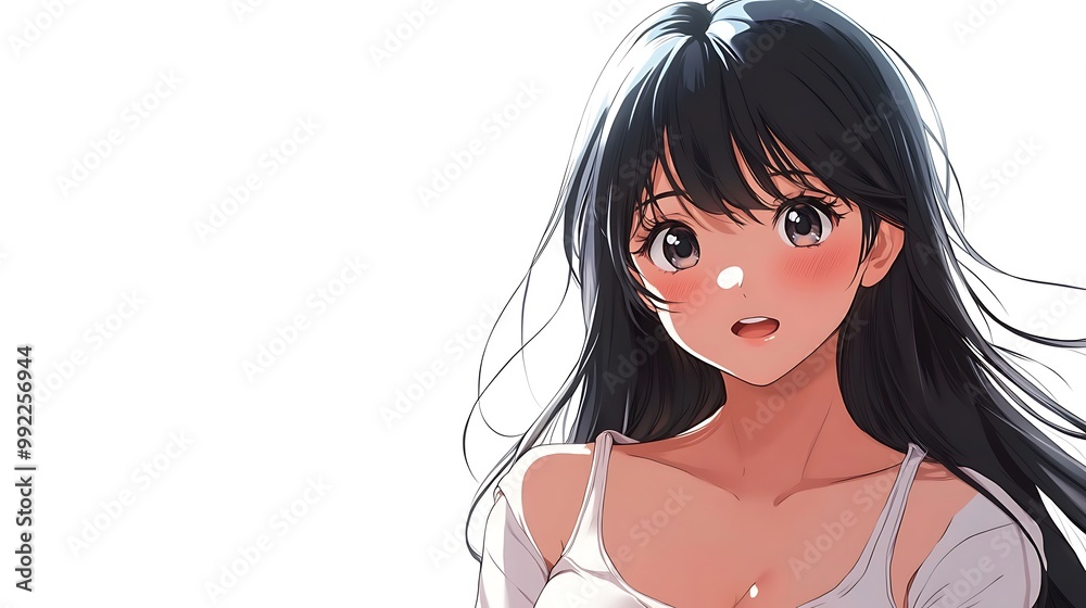 Wall mural Anime girl with long black hair, brown eyes, and a cute smile on a white background