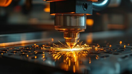 Close-up of a laser cutting machine cutting metal with sparks flying