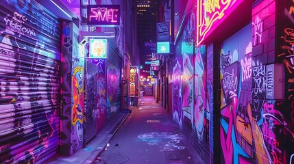 Naklejka premium Neon-Lit Graffiti Alleyway in Urban Cityscape