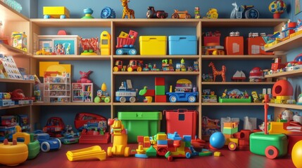A Playroom Filled with Colorful Toys and Wooden Shelves