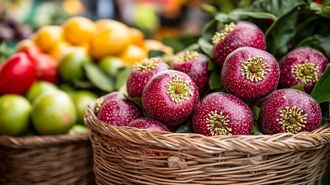 Maypop fruit displayed woven basket bustling outdoor farmer market vibrant freshly picked vegetable fruits softly blurred behind promoting lively market atmosphere Scientific name Passiflora incarnata