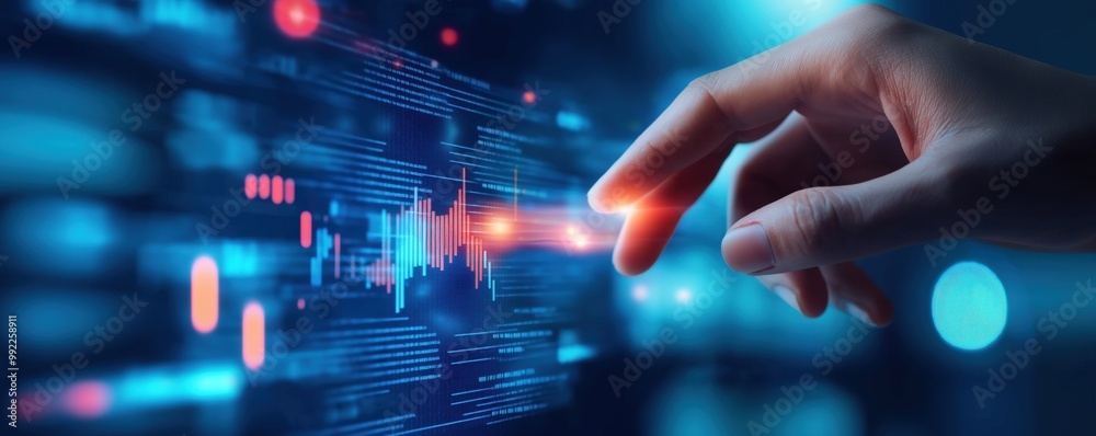 Poster hand interacting with data visualization interface