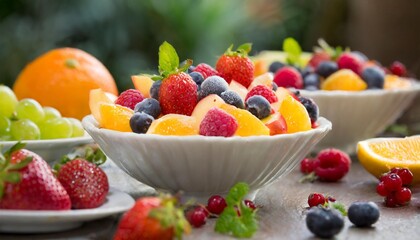 Classic fruit salads with depth of field featuring a mix of fresh berries and citrus slices