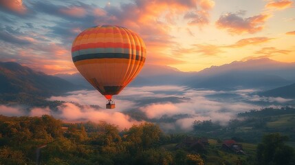 Obraz premium Hot Air Balloon in Scenic Mountain Landscape at Sunrise