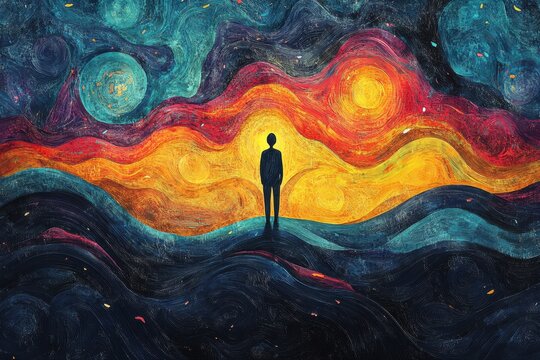 illustration of a figure at a crossroads, reflecting on various paths in their spiritual quest for fulfillment and integration creative banner concept