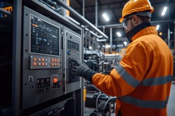 Worker in orange reflective vest and hard hat checking electrical panel in industrial facility
