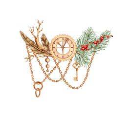 Metal dial, watch with feathers made of dry and spruce branches, chains and pendants, a key in the steampunk style made of gears and nuts, watercolor illustrations. Mechanical souvenir in techno style