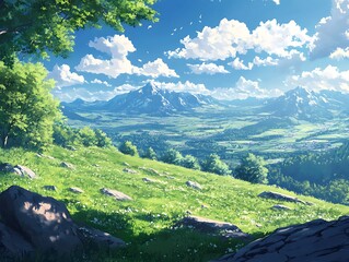Mountain landscape with lush green meadow and bright blue sky in anime style.