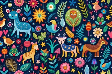 Adorable Colorful Pattern Featuring Whimsical Animals and Playful Shapes for Fun Design Projects