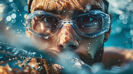 Naklejka premium Underwater Close-up of a Man Wearing Goggles
