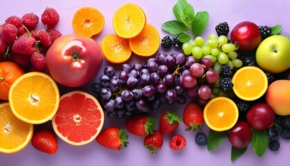 Vibrant Display of Fresh Fruits on Pastel Violet Background Celebrating Healthy Eating and...