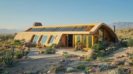 Obraz premium Sustainable Desert Home with Solar Panels and Cactus Garden in Scenic Mountain Landscape