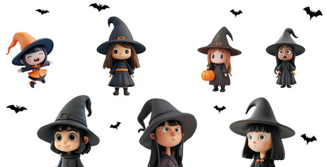 3D Halloween Witch Illustrations: Collection of Cartoon Characters for Kids, Little Witch in a Hat, Isolated on Transparent Background, PNG