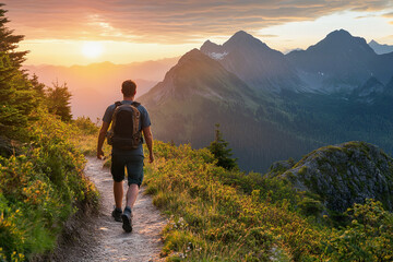 Fototapeta premium male walks along scenic mountain trail. Hiking at sunset