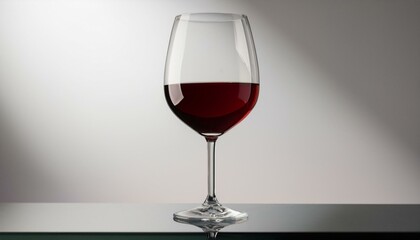  A classic red wine glass filled with deep red wine, with a subtle reflection on a plain whit