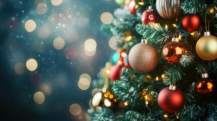 Fototapeta premium Christmas tree decor with glittering ornaments and festive lighting for holiday greeting card design