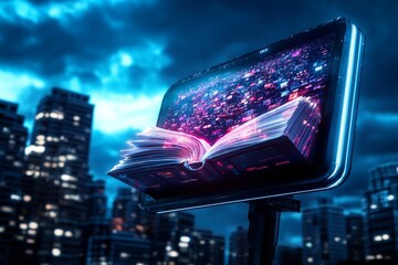 A digital literacy awareness campaign displayed on a holographic billboard, promoting reading and literacy in a futuristic city