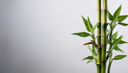 Naklejka premium A cluster of thin bamboo shoots with tiny leaves at the top, softly isolated on a light grey