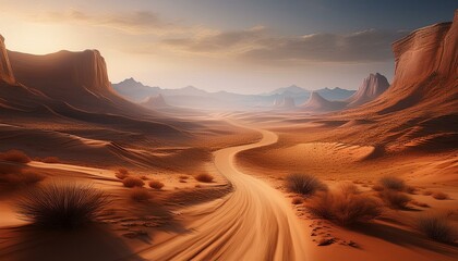 Fototapeta premium A dusty trail winding through the desert towards a distant canyon, with soft, muted browns a