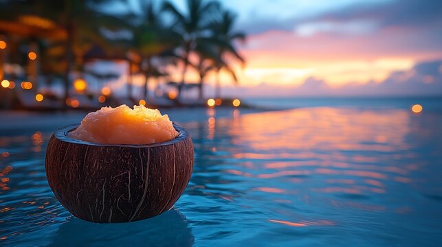 Melon pear fruit sorbet served coconut shell luxury poolside bar vibrant cocktails and palm trees softly blurred behind promoting a refreshing and healthy dessert Scientific name Solanum muricatum