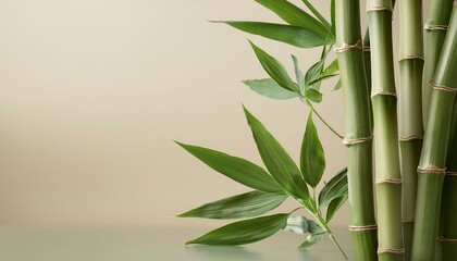Naklejka premium A horizontal bamboo stalk with lush green leaves cascading downwards, isolated on a muted so