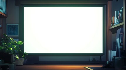 Fototapeta premium Blank white screen mockup in a cozy room with shelves and plants. Perfect for presentations, mockups, and website design