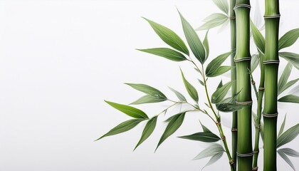 A single bamboo stalk with delicate green leaves cut out cleanly on a white background, with
