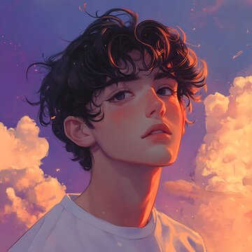 Young man portrait with dreamy sky background. Illustration of anime or manga style male character with curly hair and soft facial features