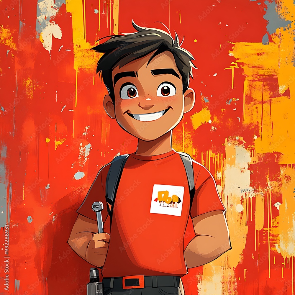 Wall mural Smiling cartoon boy in red shirt with backpack against colorful background. Digital illustration for children's book, animation, website design